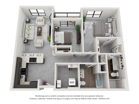 Floor plan for 2 beds, 2 baths, 1050 sqft